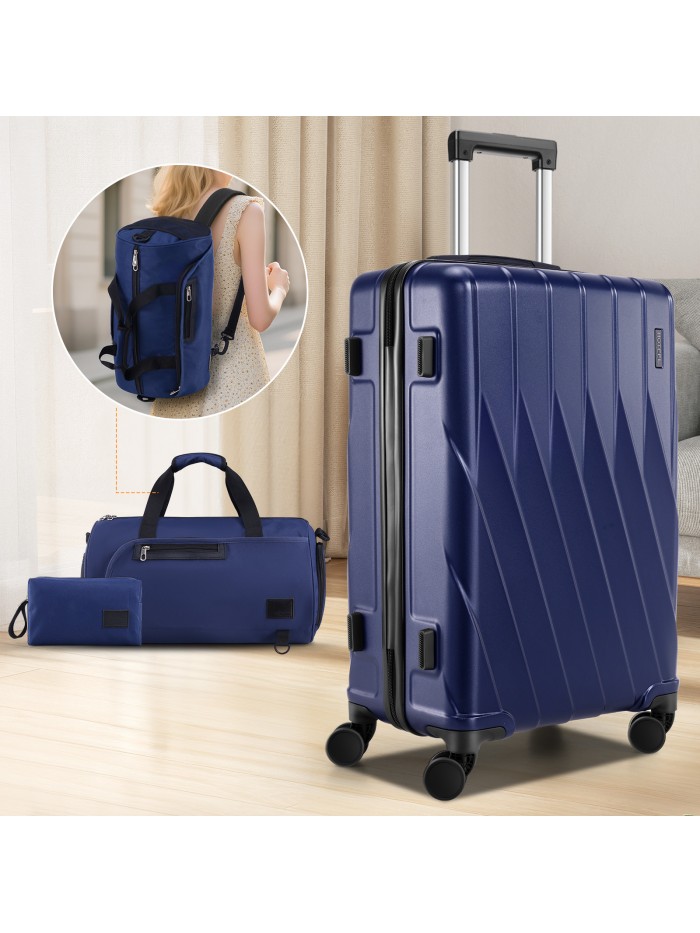 HOTEEL 20in Luggage Sets 3 Piece, PC Hardshell Suitcase with Spinner Wheels TSA Lock, Lightweight Travel Carry on Luggages with Luggage Bag&Toiletry Bag for Women and Men, Blue
