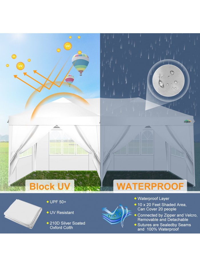 COBIZI 10x20 Pop up Canopy Party Tent Outdoor Event Protable Instant Shelter Canopy Gazebo with 6 Removable Sidewalls and Carry Bag,White