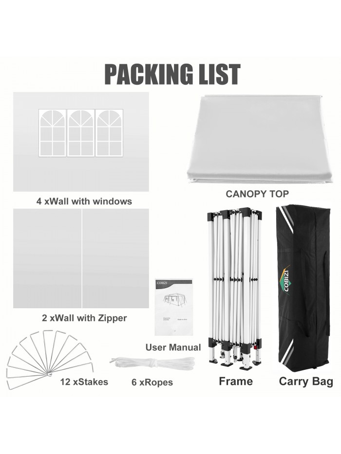 COBIZI 10x20 Pop up Canopy Party Tent Outdoor Event Protable Instant Shelter Canopy Gazebo with 6 Removable Sidewalls and Carry Bag,White