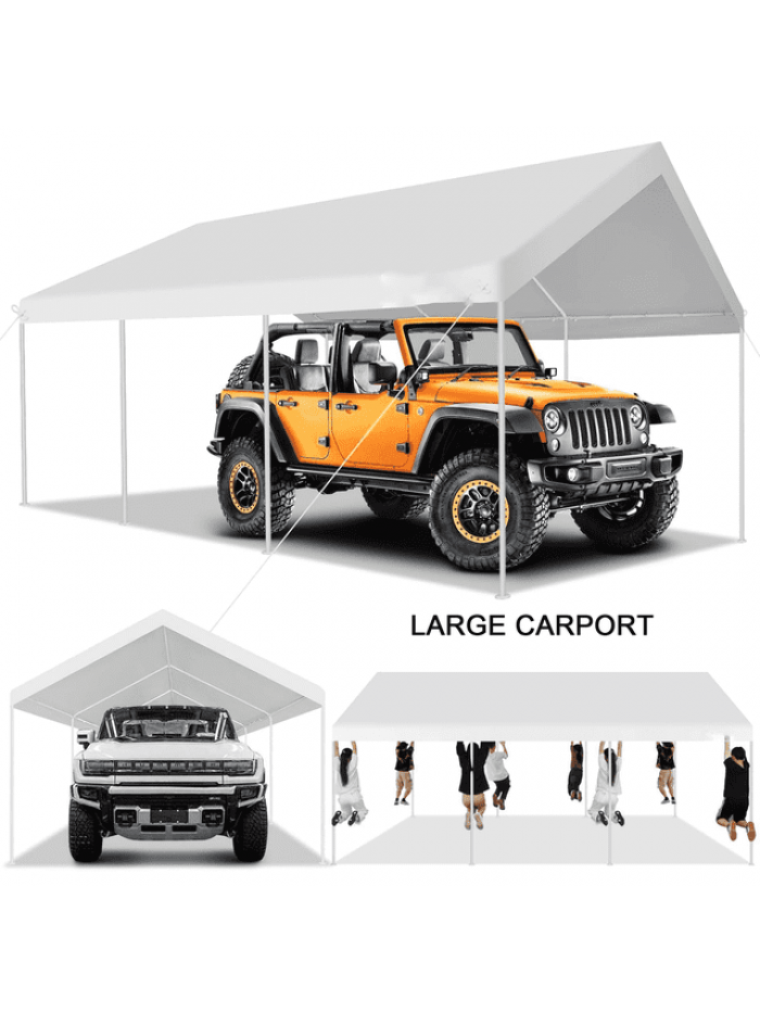 COBIZI 12x20ft Carport Heavy Duty, Portable Car Garage with Built-in Sandbags, Waterproof Car Canopy for Truck, Boat, SUV with All-season Tarp, White