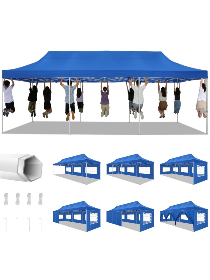 HOTEEL Canopy 10x30 Pop up Canopy with 8 Sidewalls Heavy Duty Party Tent Outdoor Party Event Gazebo Commercial Canopy Tents for Parties Wedding Outdoor Events, Blue