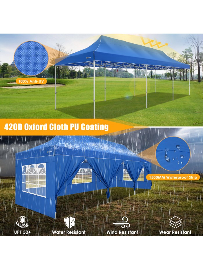 HOTEEL Canopy 10x30 Pop up Canopy with 8 Sidewalls Heavy Duty Party Tent Outdoor Party Event Gazebo Commercial Canopy Tents for Parties Wedding Outdoor Events, Blue