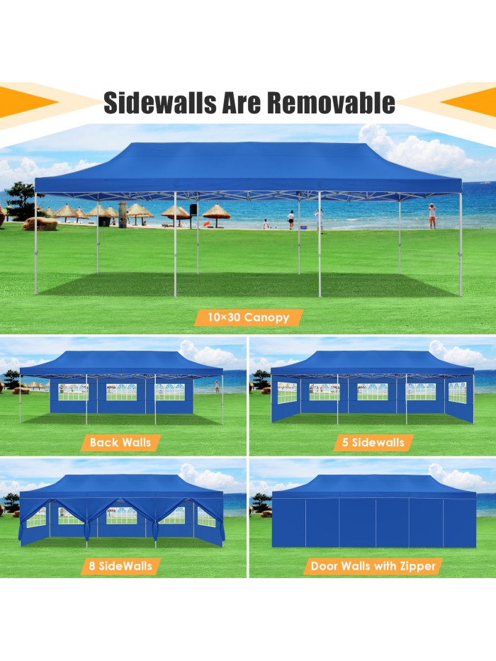 HOTEEL Canopy 10x30 Pop up Canopy with 8 Sidewalls Heavy Duty Party Tent Outdoor Party Event Gazebo Commercial Canopy Tents for Parties Wedding Outdoor Events, Blue