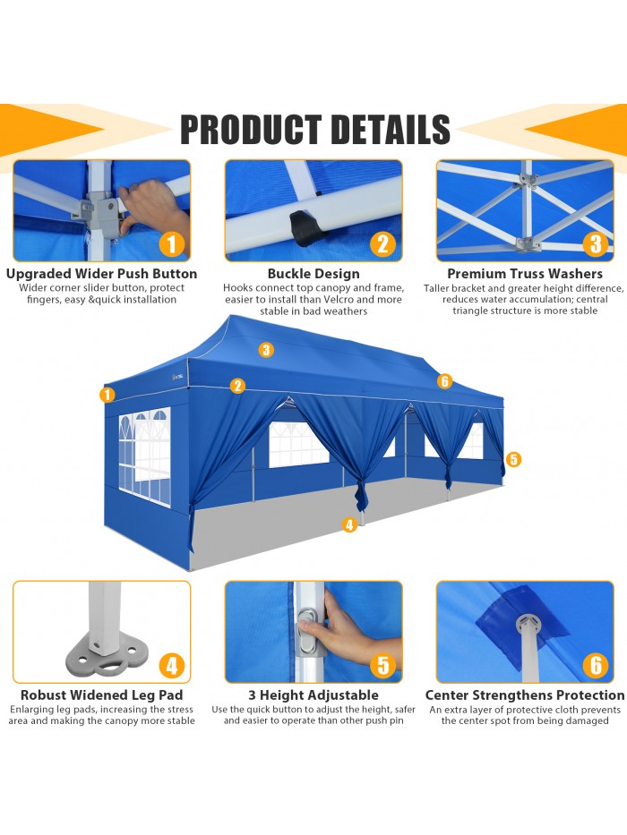 HOTEEL Canopy 10x30 Pop up Canopy with 8 Sidewalls Heavy Duty Party Tent Outdoor Party Event Gazebo Commercial Canopy Tents for Parties Wedding Outdoor Events, Blue
