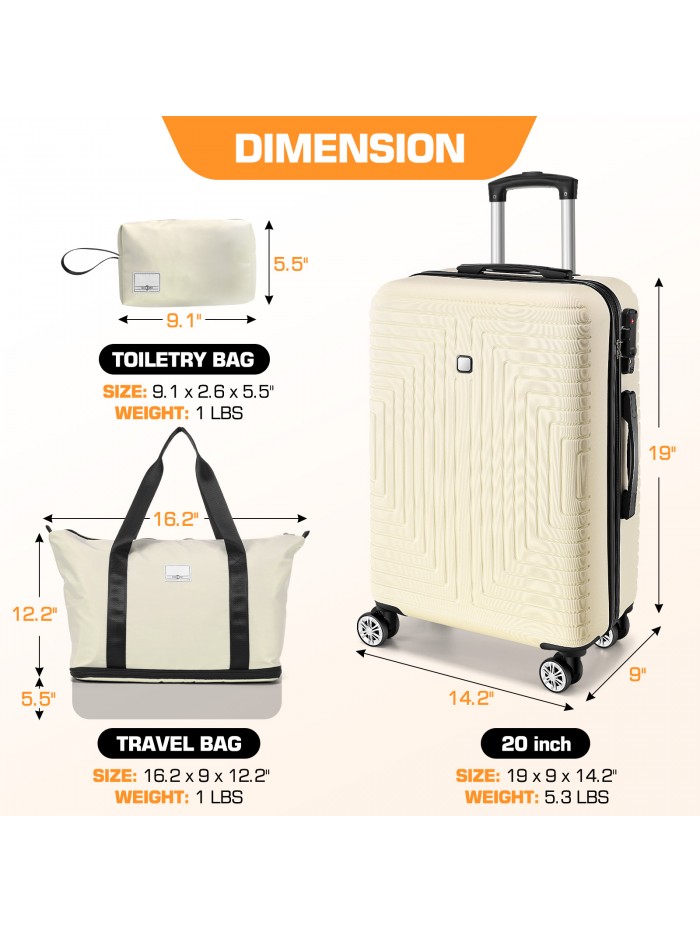 HOTEEL Luggage 3 Piece Set, Suitcase Set with Spinner Wheels & TSA Lock, 20 in Hardside Lightweight Luggage Set with duffel bag & toiletry bag, Black