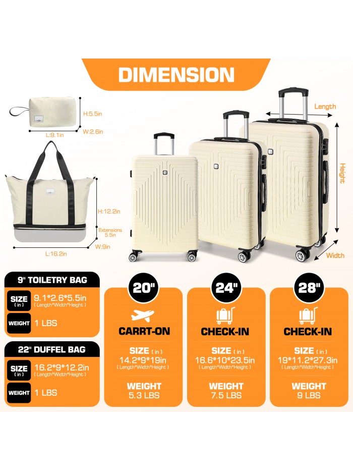 HOTEEL Luggage 3 Piece Set, Suitcase Set with Spinner Wheels & TSA Lock, 20 in Hardside Lightweight Luggage Set with duffel bag & toiletry bag, Black